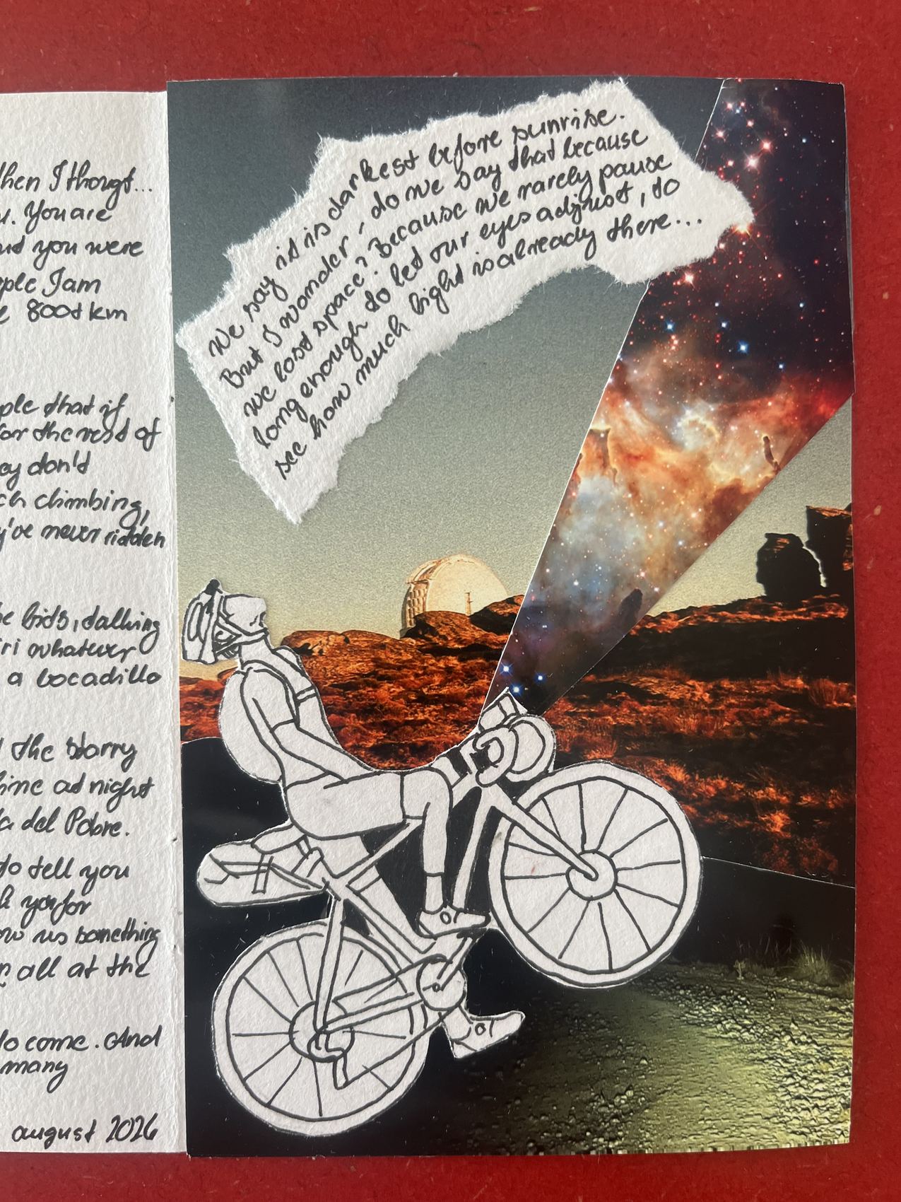 A handmade collage of a cyclist riding towards the Calar Alto observatory domes beneath a galaxy.